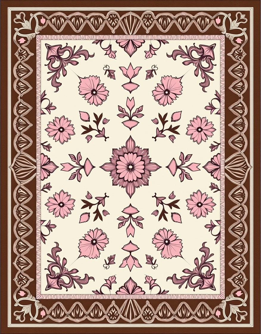 Pink Floral Cream Border Rug