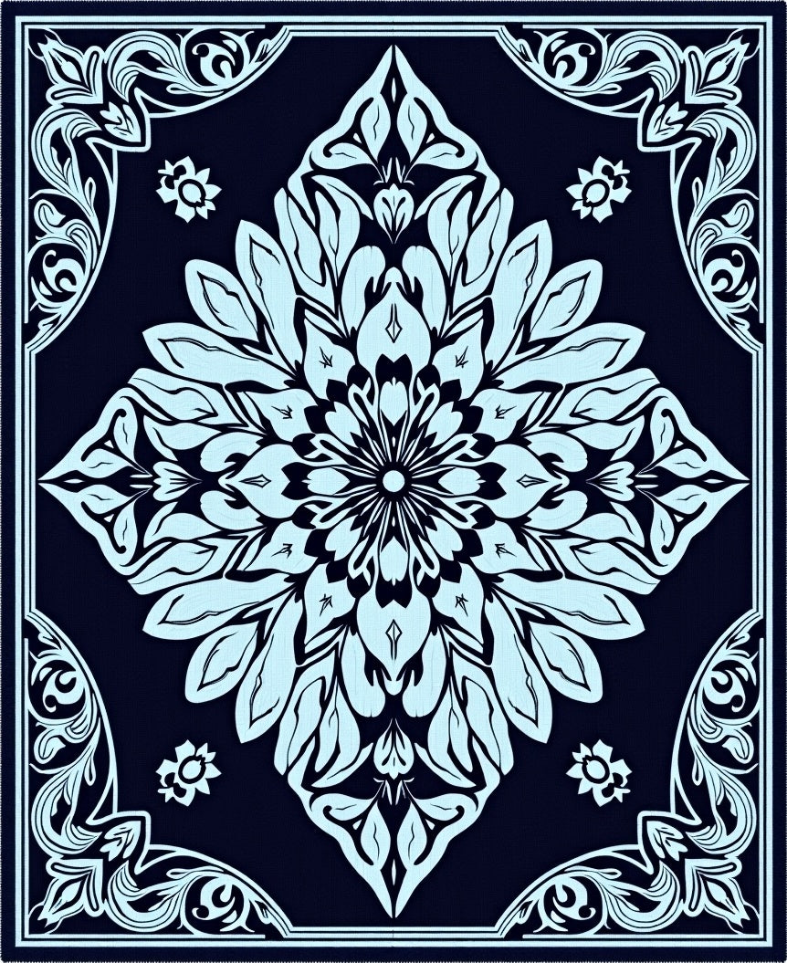Sky Blue Floral Mandala on Navy Rug