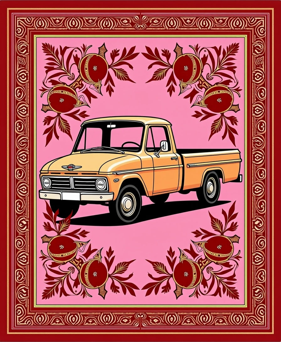 Retro Orange Truck Pomegranate Border Rug