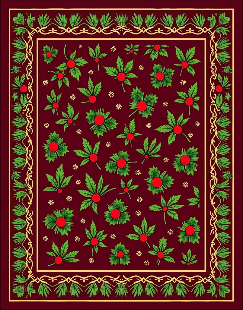 Crimson Green Berry Vine Border Rug