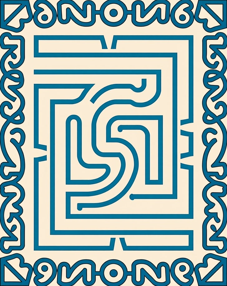 Retro Teal Maze Border Rectangle Rug