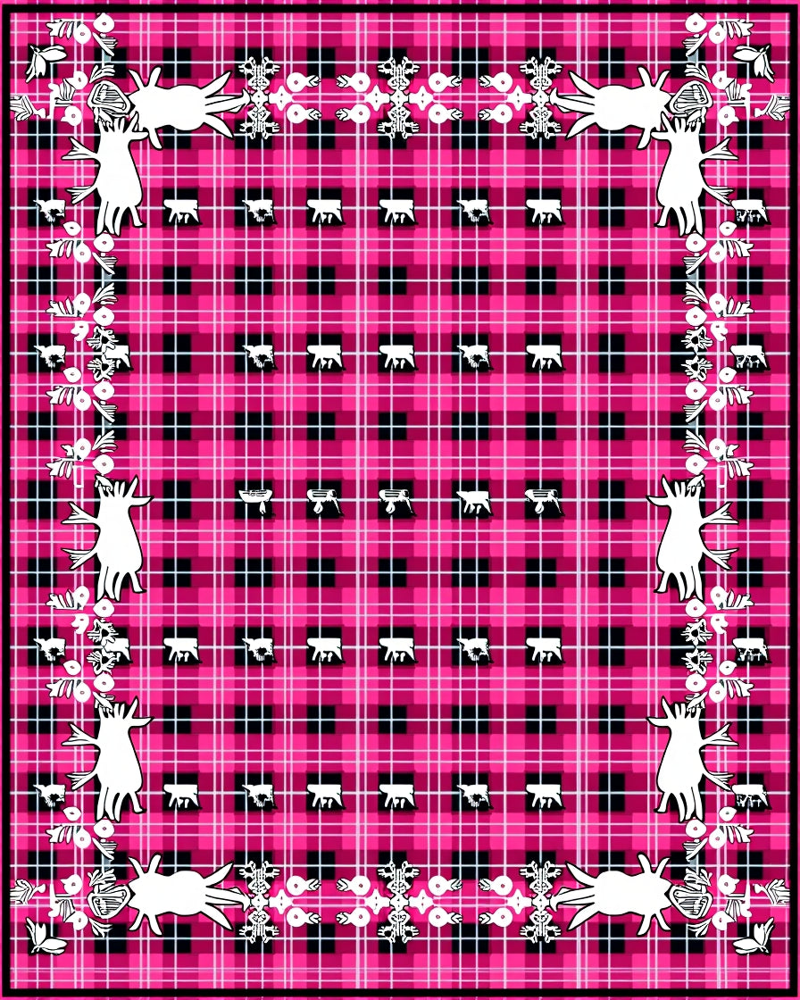 Pink Black Plaid Whimsical Creatures Rug