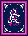 Ornate Navy Pink Monogrammed Emblem Rug