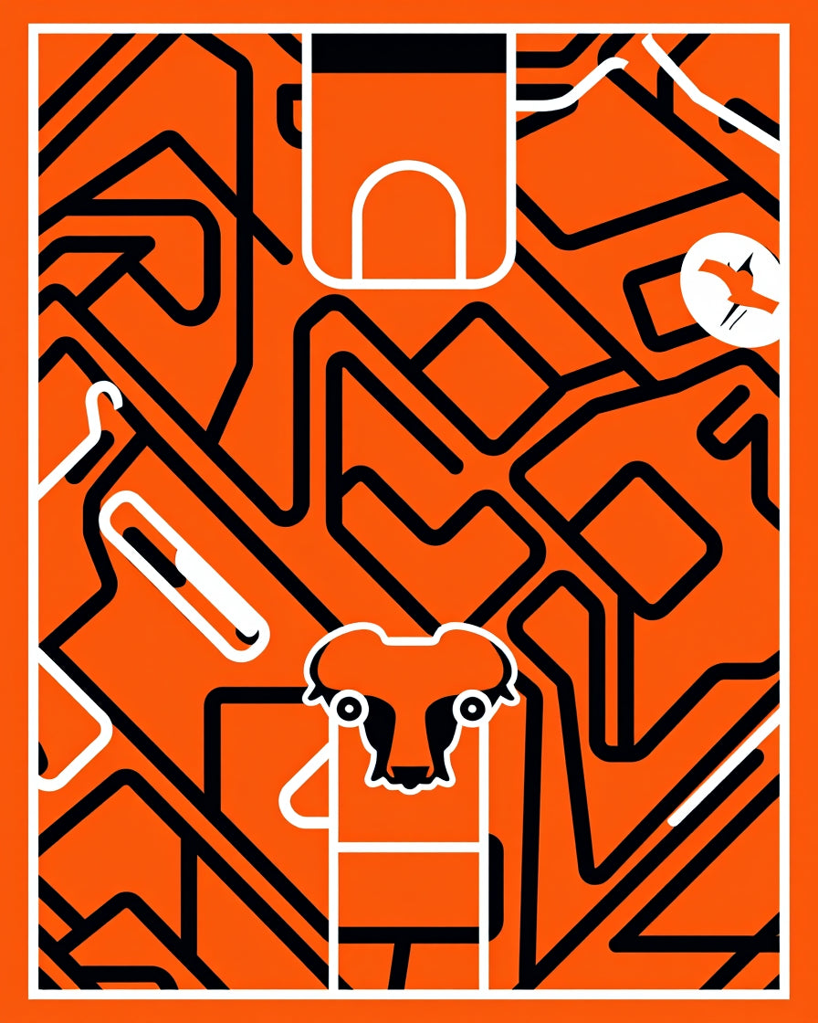 Bold Orange Cartoon Animal Maze Rug
