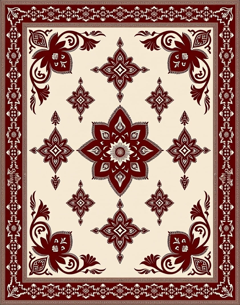 Rich Crimson Geometric Bloom Border Rug