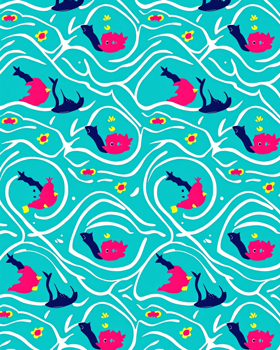 Playful Pink Blue Whimsical Fish Waves Rug