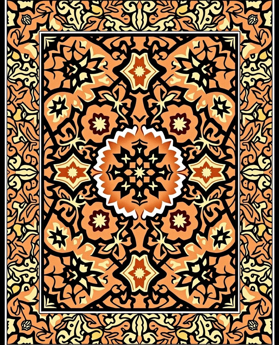 Orange Black Floral Medallion Rug