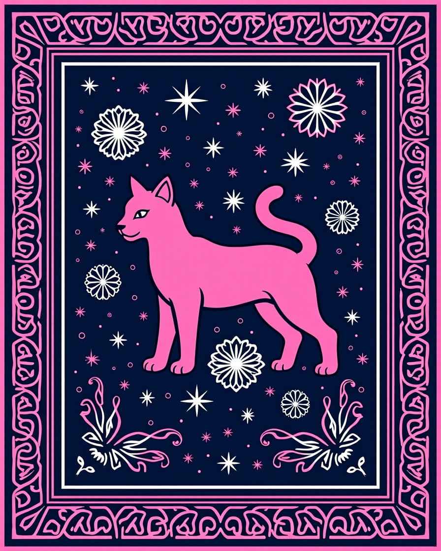 Pink Cat Navy Starry Night Floral Rug