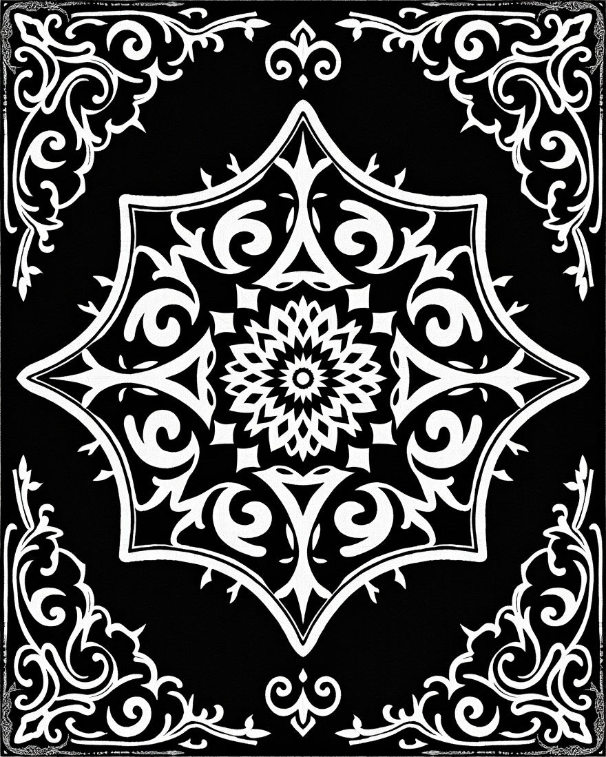 Classic Black White Floral Mandala Rug