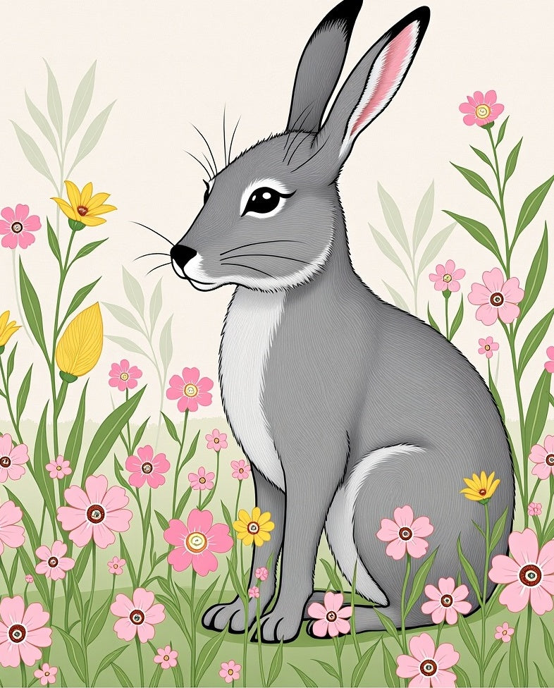 Whimsical Gray Rabbit Meadow Garden Rug
