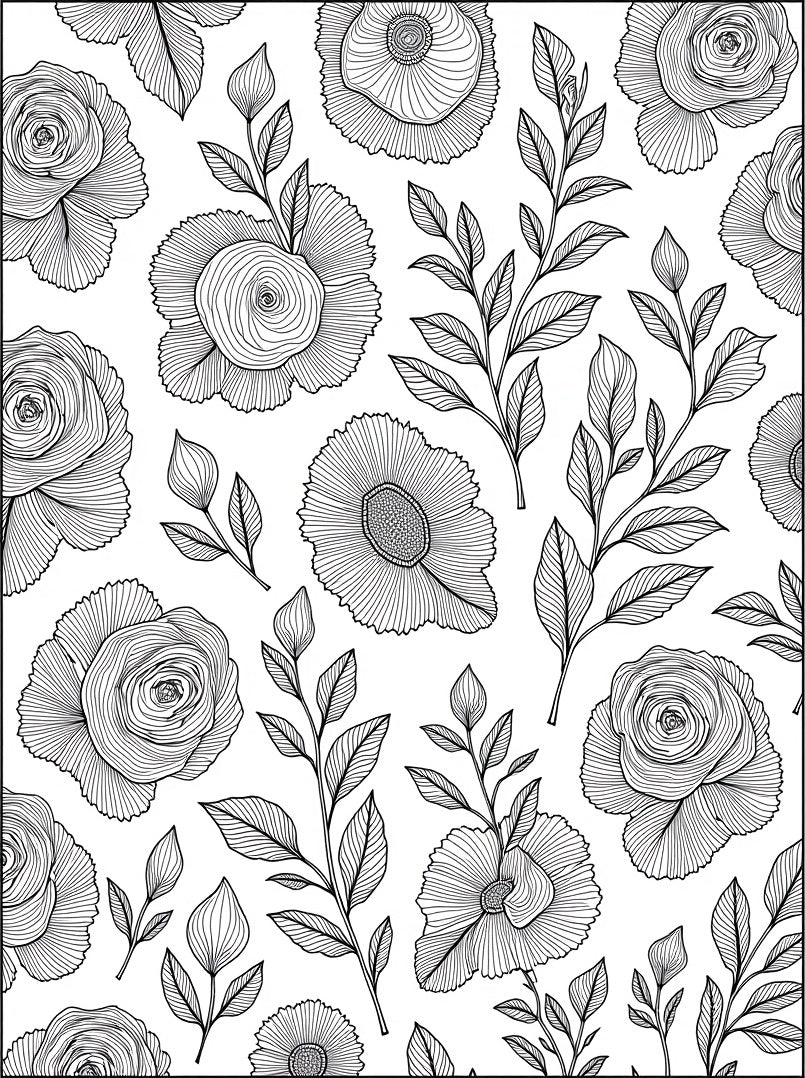 Floral Branches Black White Line Art Rug