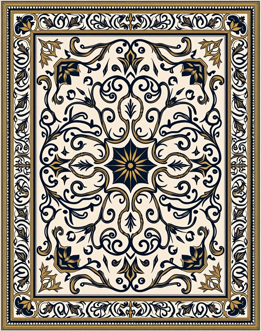 Cream Navy Gold Ornate Floral Medallion Rug