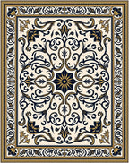 Cream Navy Gold Ornate Floral Medallion Rug