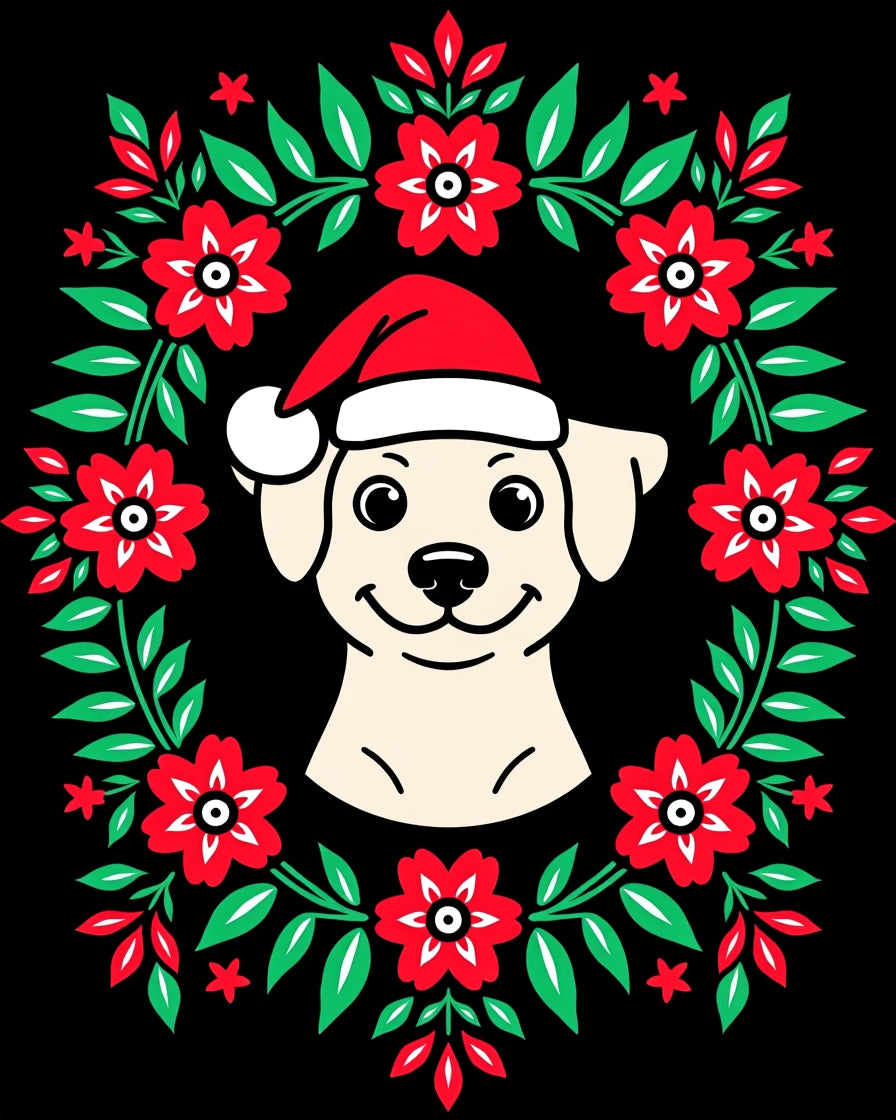 Festive Cream Dog Floral Wreath Christmas Rug