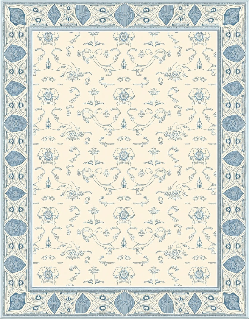 Ornate Cream Blue Bordered Scrollwork Rug