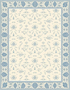 Ornate Cream Blue Bordered Scrollwork Rug
