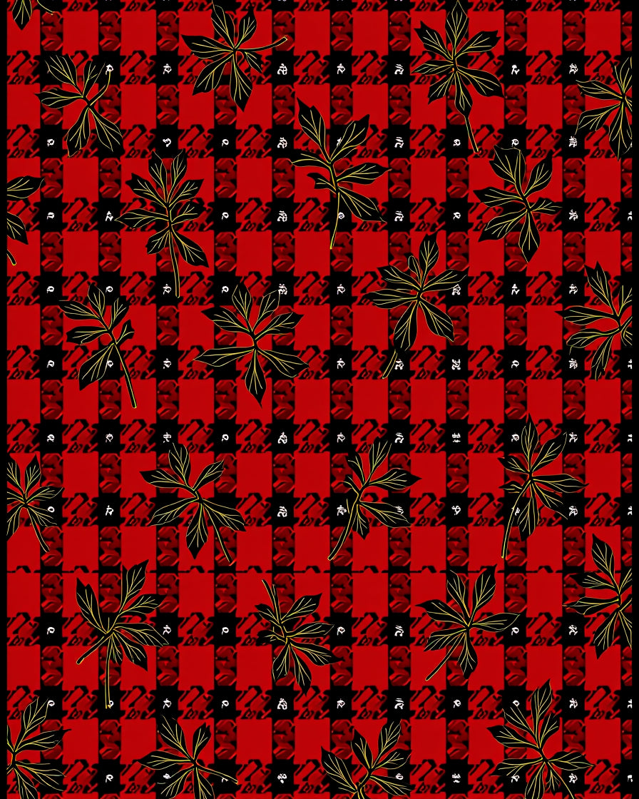 Red Black Houndstooth Leaf Cluster Rug
