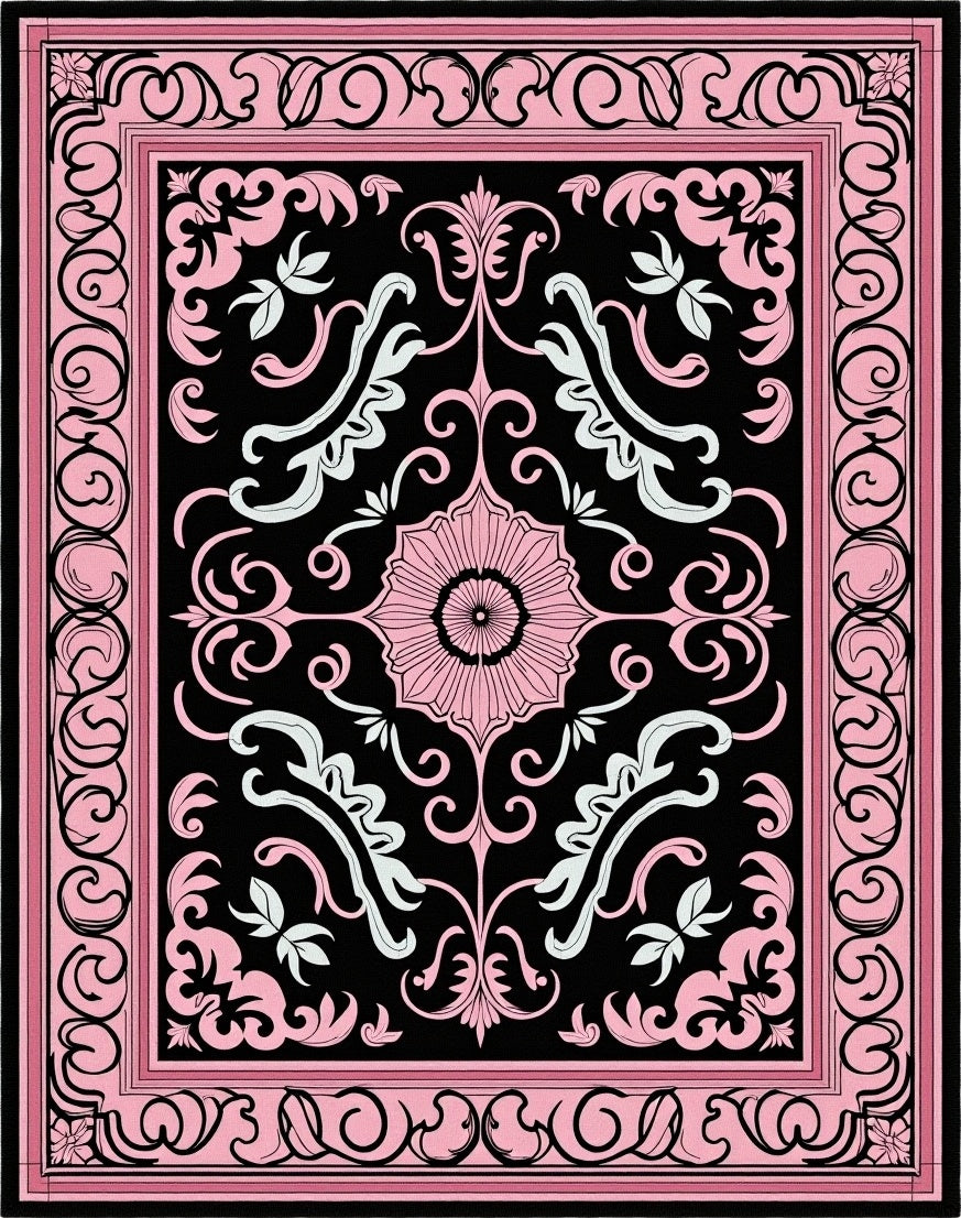 Pink Black Floral Medallion Scroll Rug