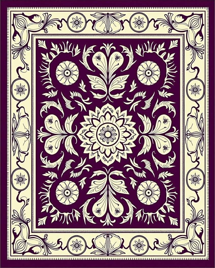Rich Plum Floral Medallion Border Rug