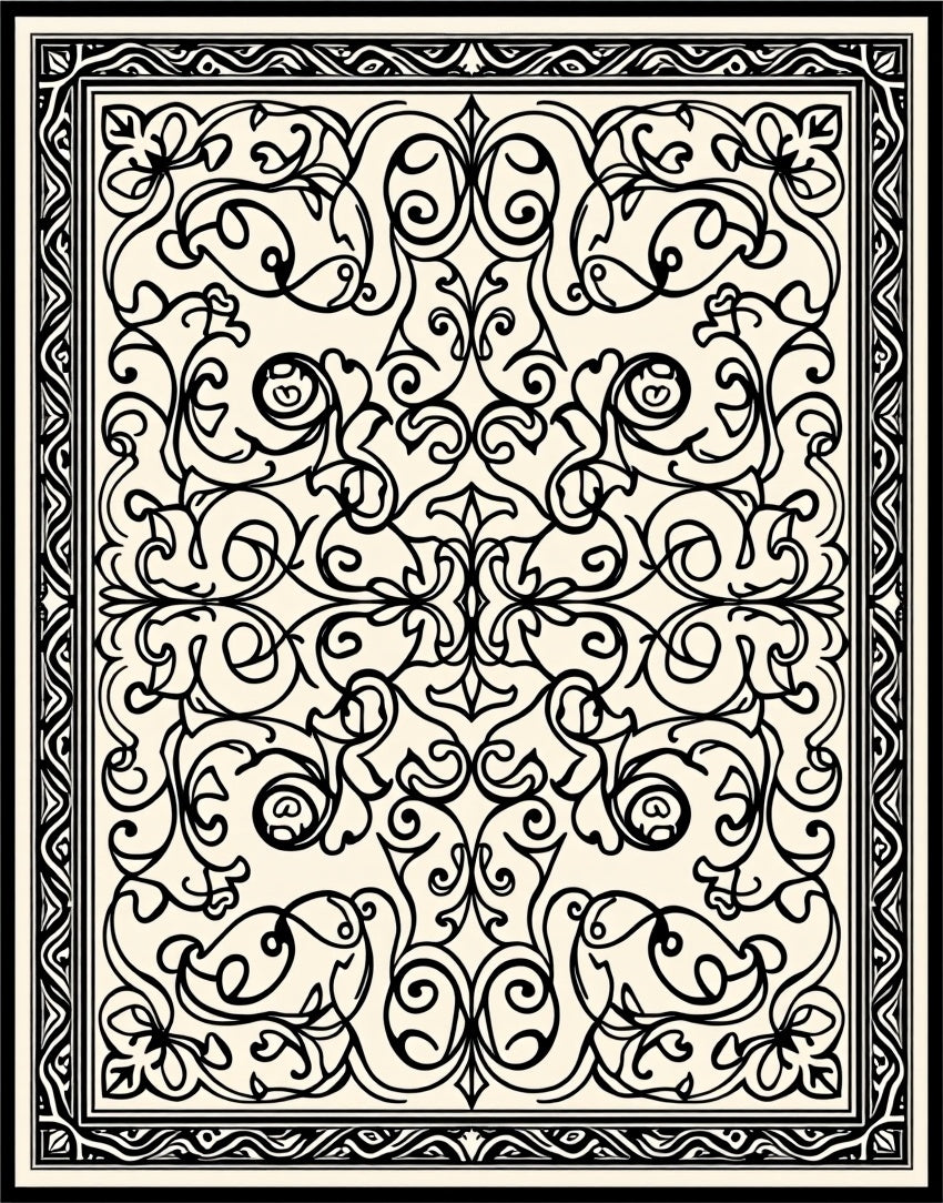 Cream Black Scrollwork Floral Border Rug