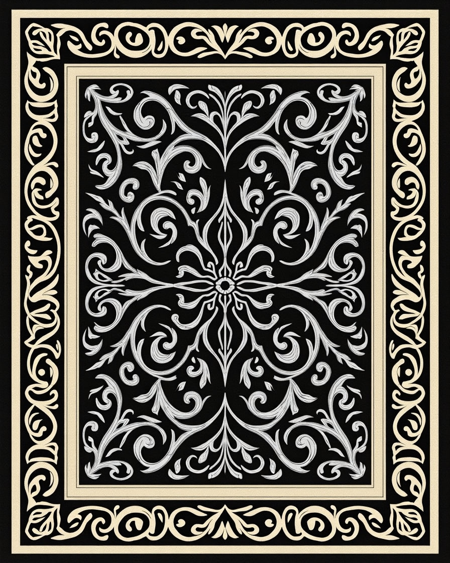 Vintage Black and Cream Floral Scroll Rug