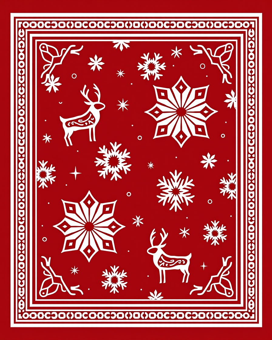Red White Winter Deer Snowflakes Rug