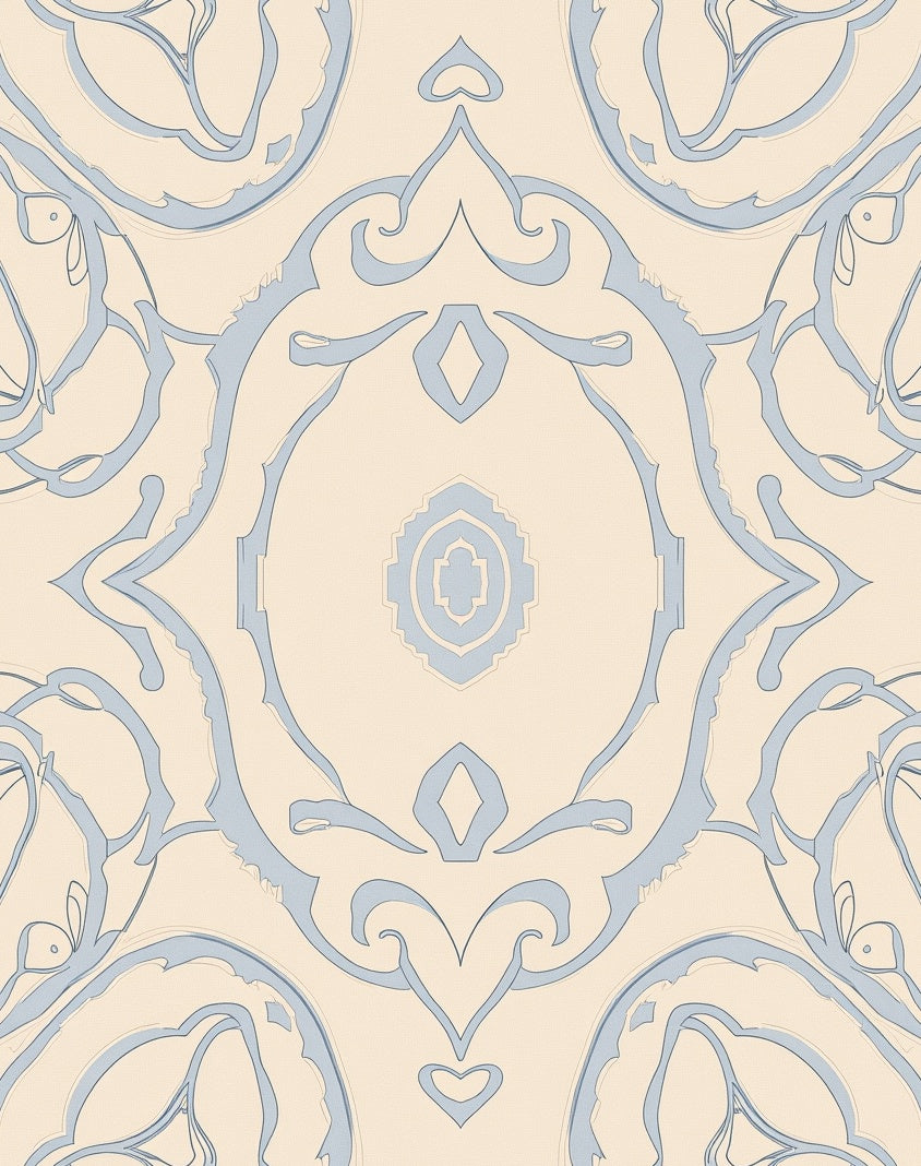 Subtle Sky Blue Arabesque Scroll Rug