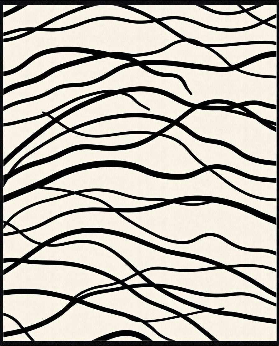Cream Black Organic Flowing Lines Rug