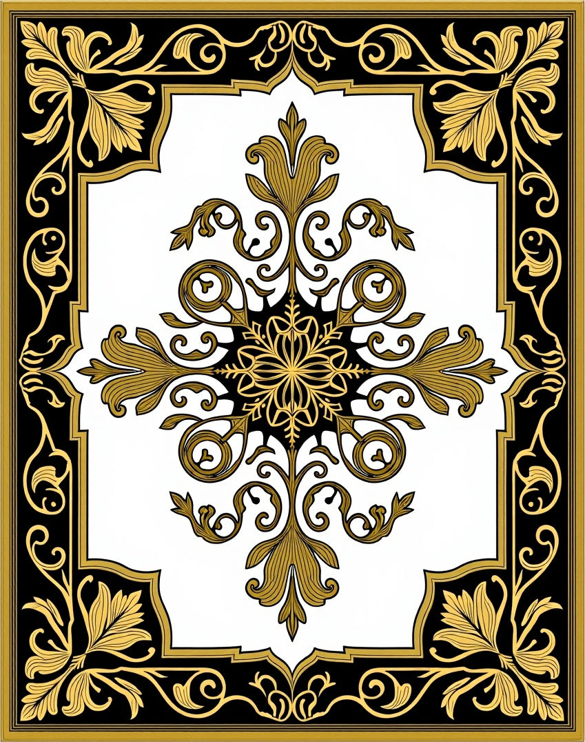 Gold Black Floral Medallion Border Rug