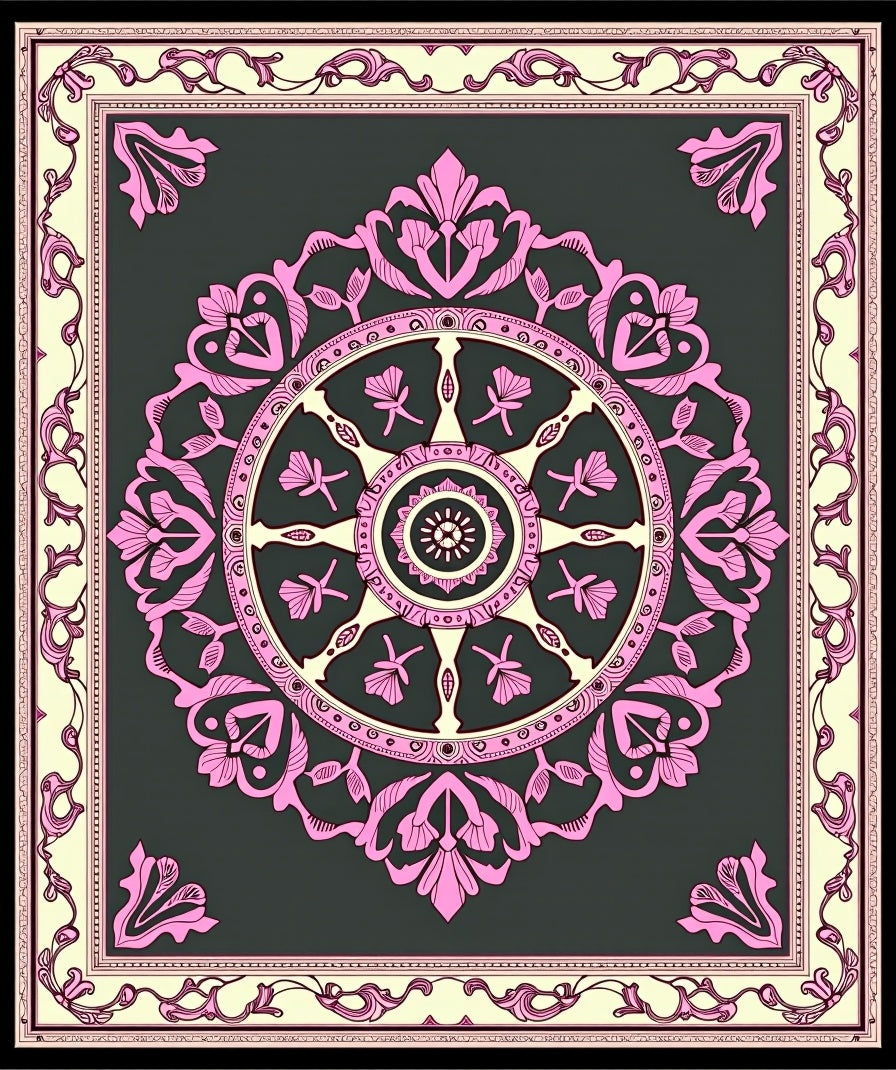 Ornate Pink Floral Medallion Charcoal Rug