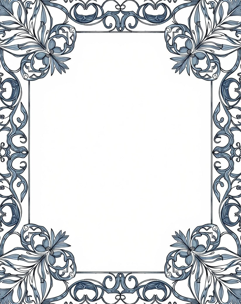 Blue Floral Scrollwork Border Rug