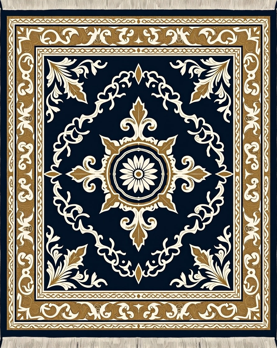 Dark Blue Floral Scroll Medallion Rug