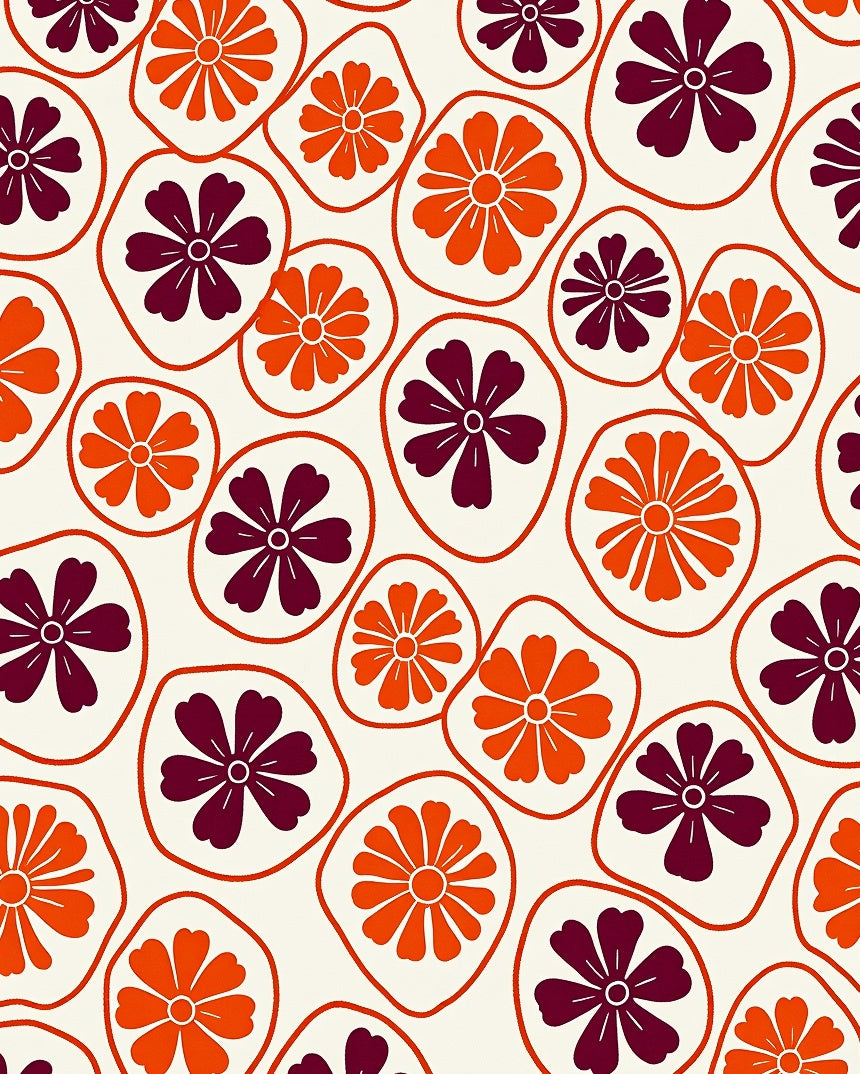 Retro Orange Plum Flower Circles Rug
