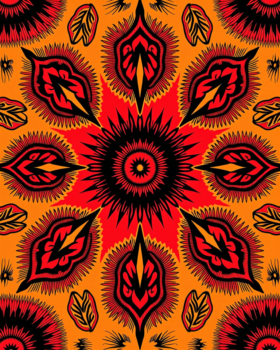 Fiery Red Black Abstract Medallion Rug