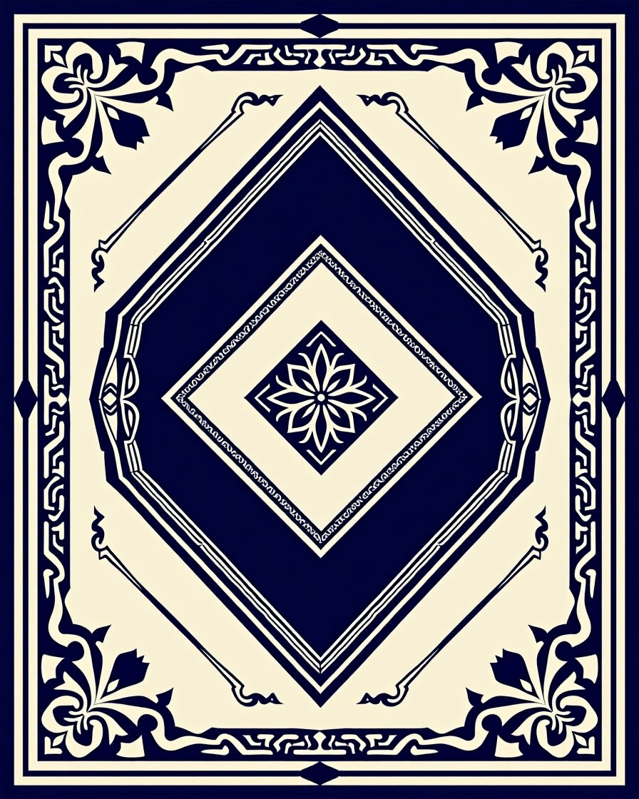 Classic Navy Cream Diamond Floral Rug