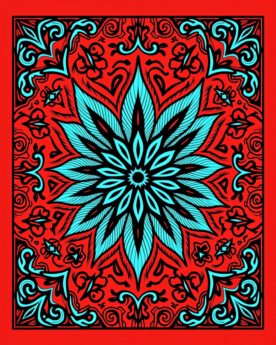Crimson Aqua Floral Mandala Rug