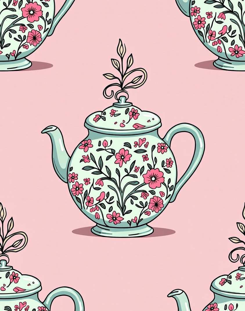 Pale Teal Floral Teapot Botanical Rug