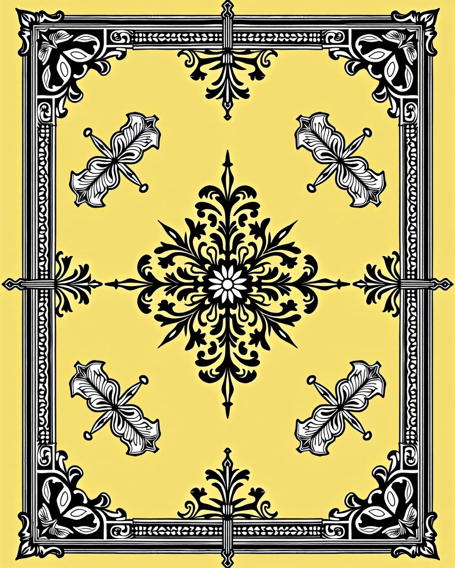 Golden Black Flourish Medallion Frame Rug