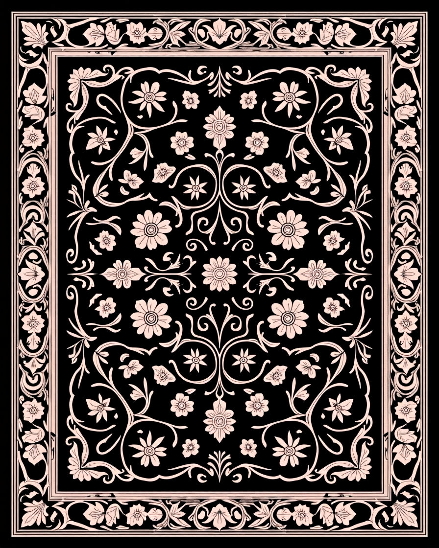 Black and Cream Floral Scrollwork Rug