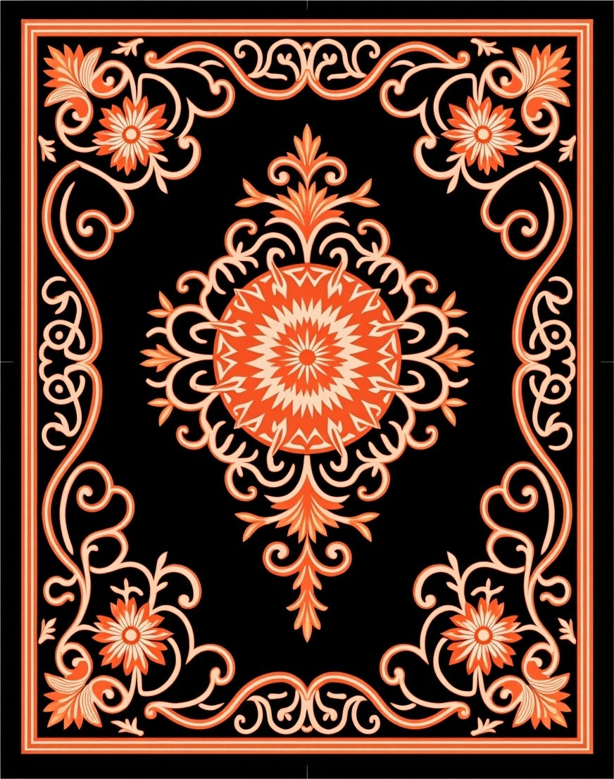 Black Orange Floral Medallion Frame Rug