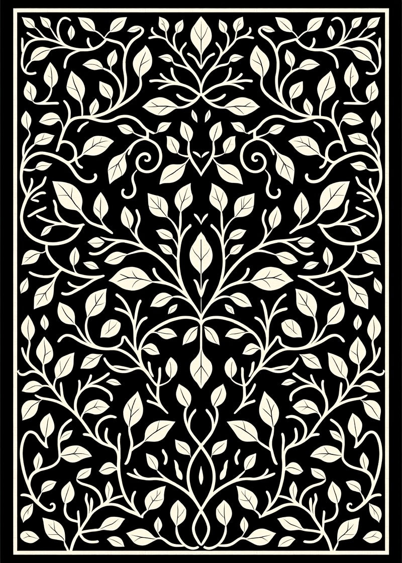 Cream Botanical Swirl on Black Rug