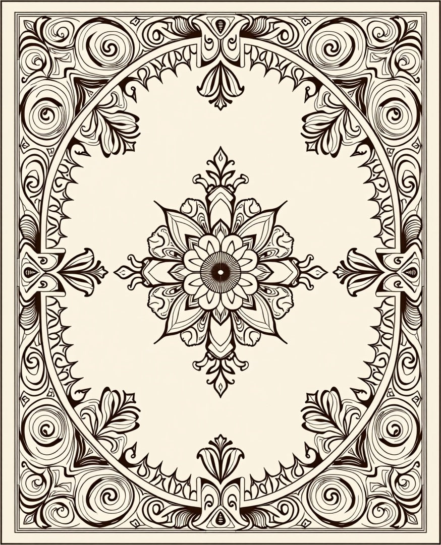 Ornate Black Scroll Medallion Frame Rug