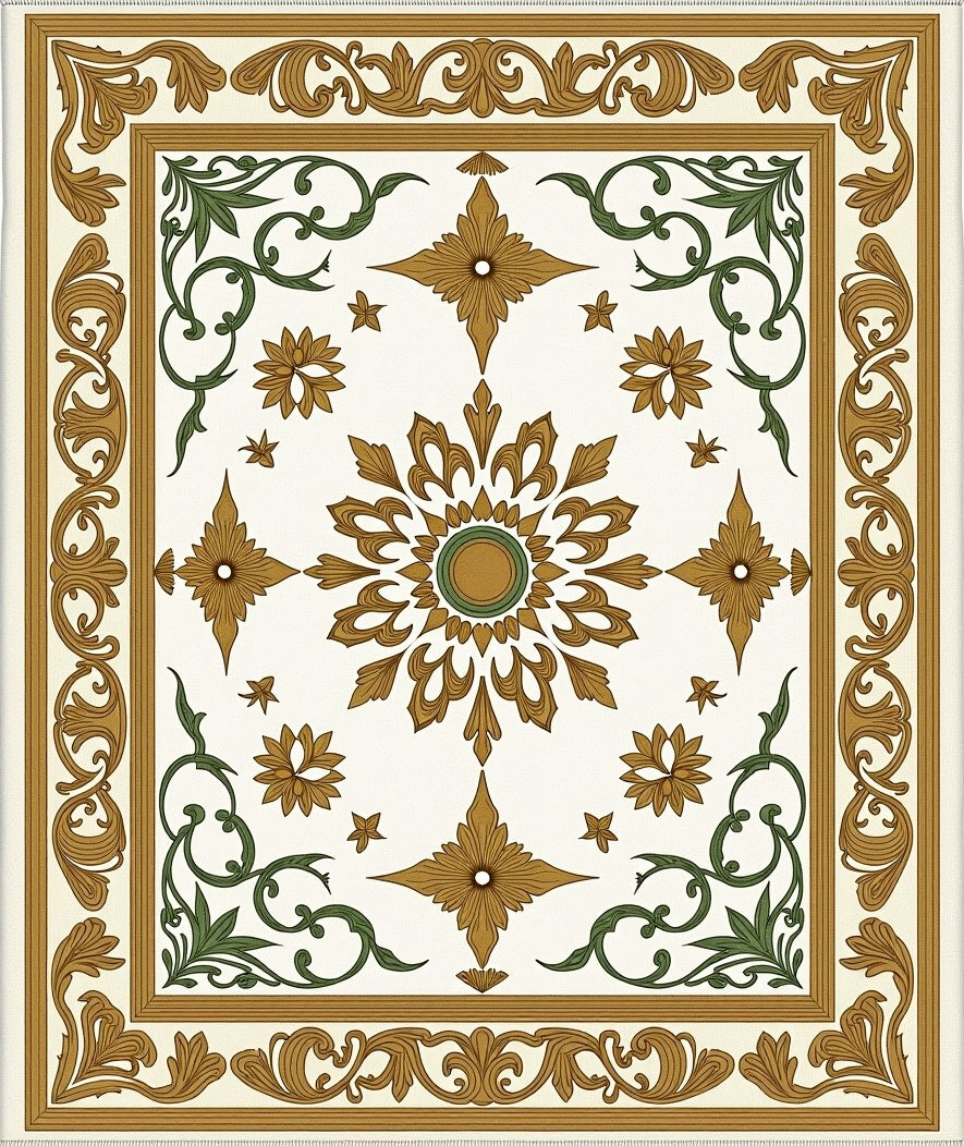 Golden Green Scrollwork Medallion Rug
