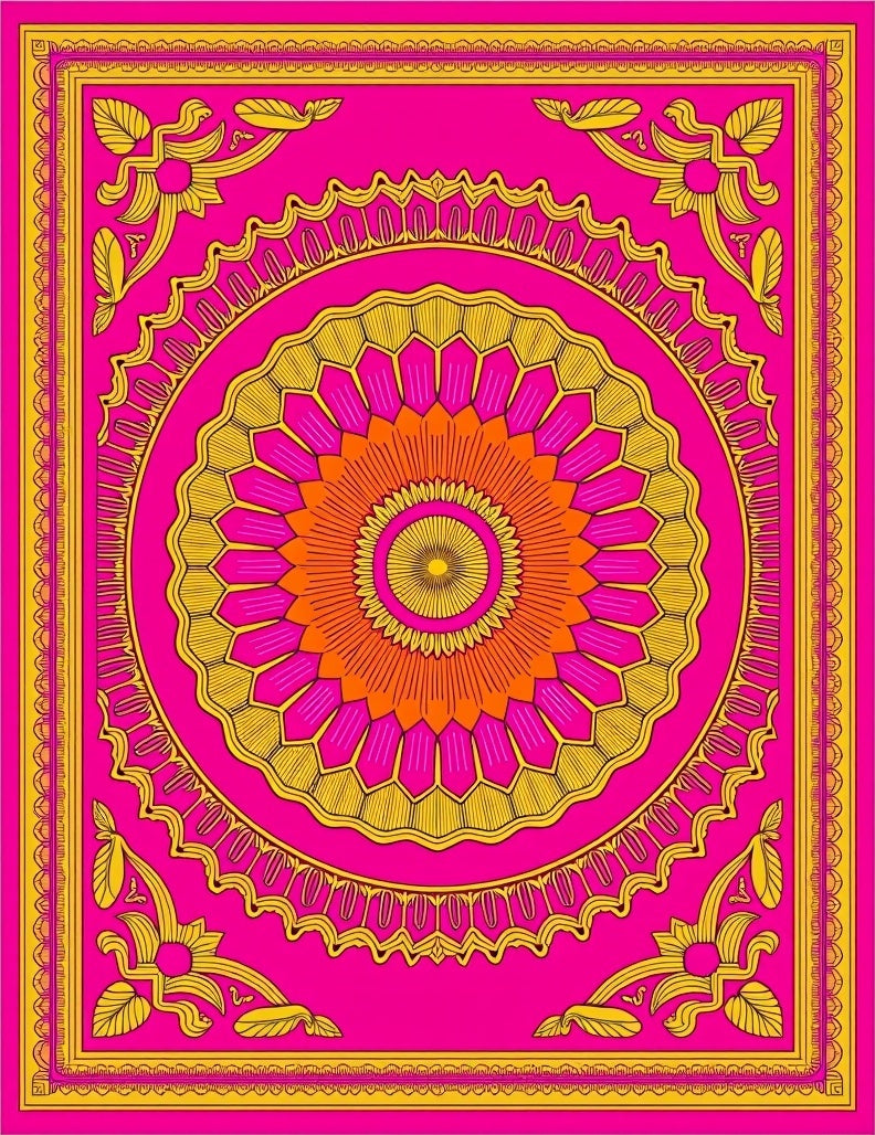 Vibrant Pink Orange Golden Medallion Rug