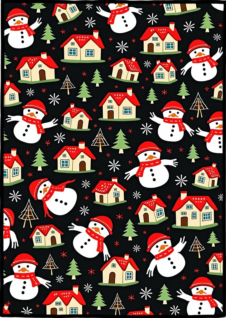 Playful Snowmen Red Roof Houses Rug