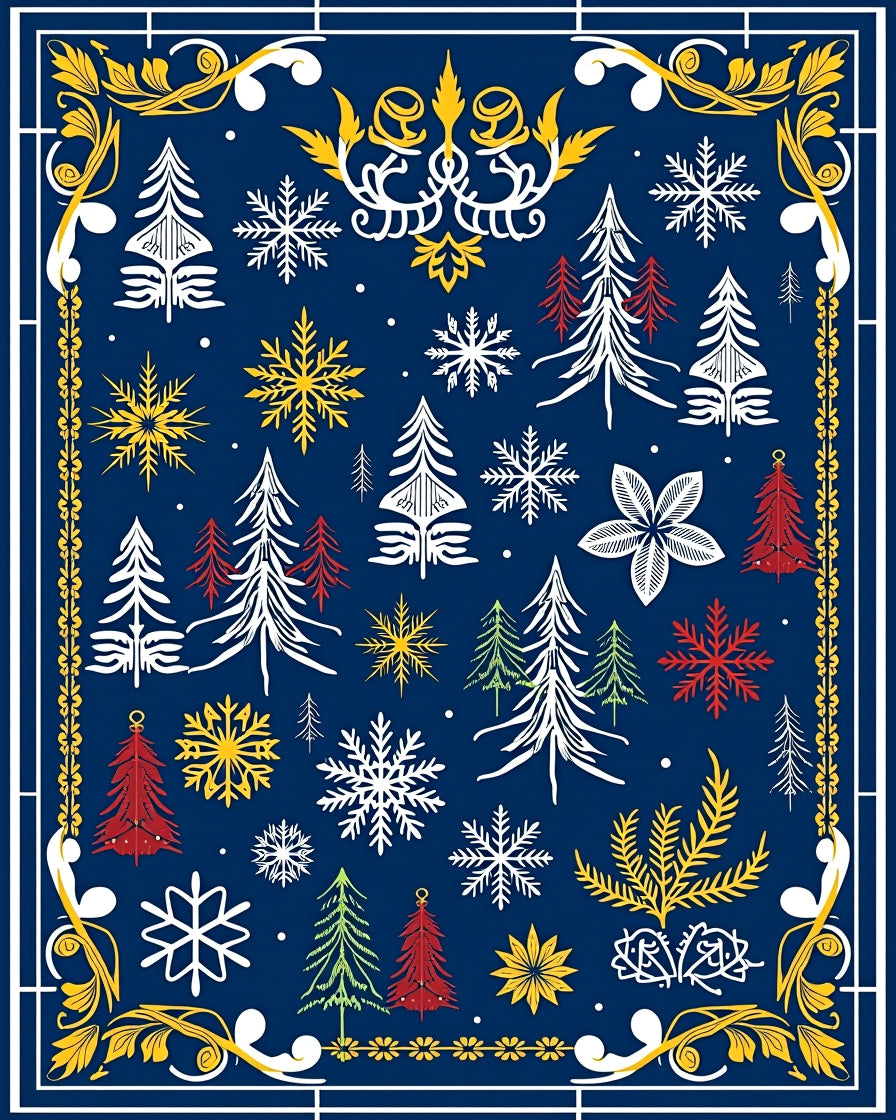 Winter Forest Snowflakes Red Yellow Trees Rug
