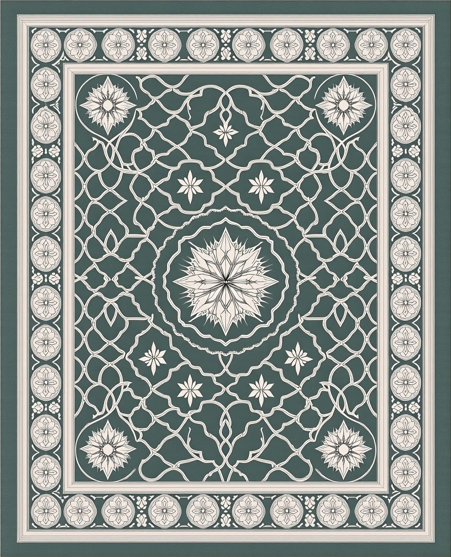 Deep Teal White Floral Arabesque Rug