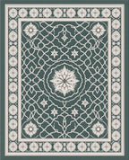 Deep Teal White Floral Arabesque Rug