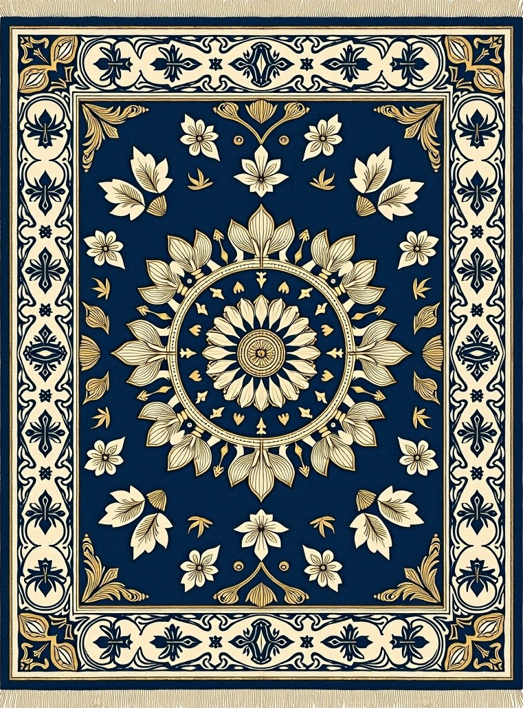 Navy Blue Gold Medallion Floral Rug