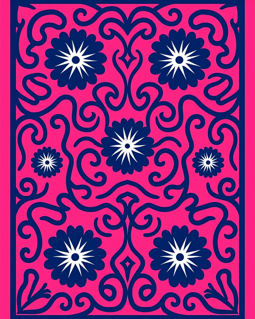Fuchsia Navy Floral Swirl Medallions Rug